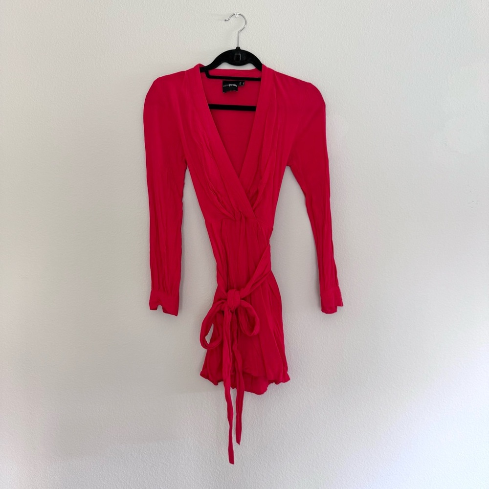Petite Red Long Sleeve Tie Wrap Dress